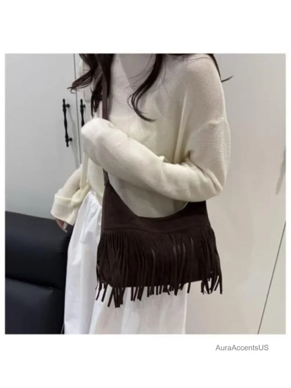 Faux Leather Fringe Hobo Shoulder Crossbody Bag Vegan Suede Tassel